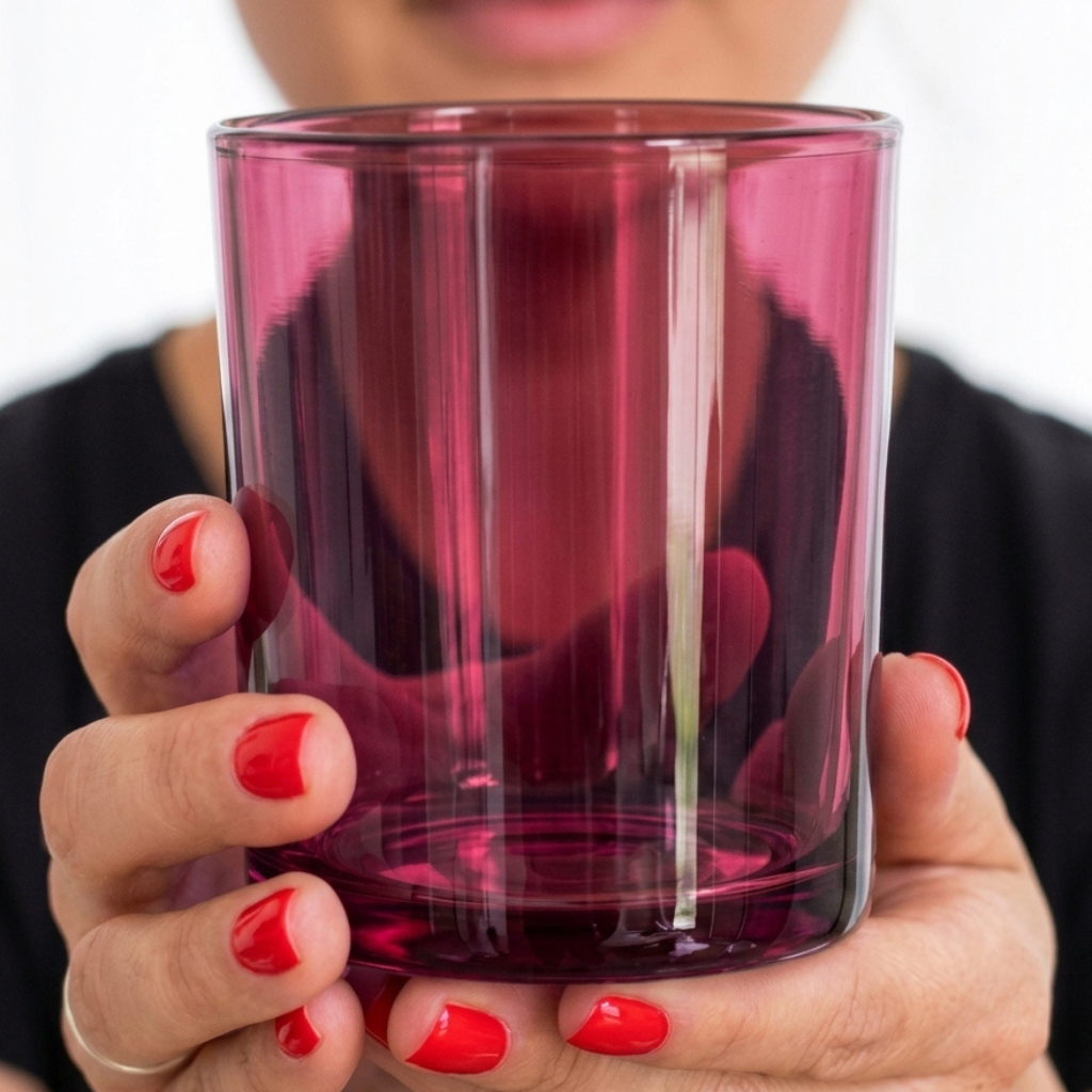 Hands holding a 10 oz translucent burgundy glass candle jar