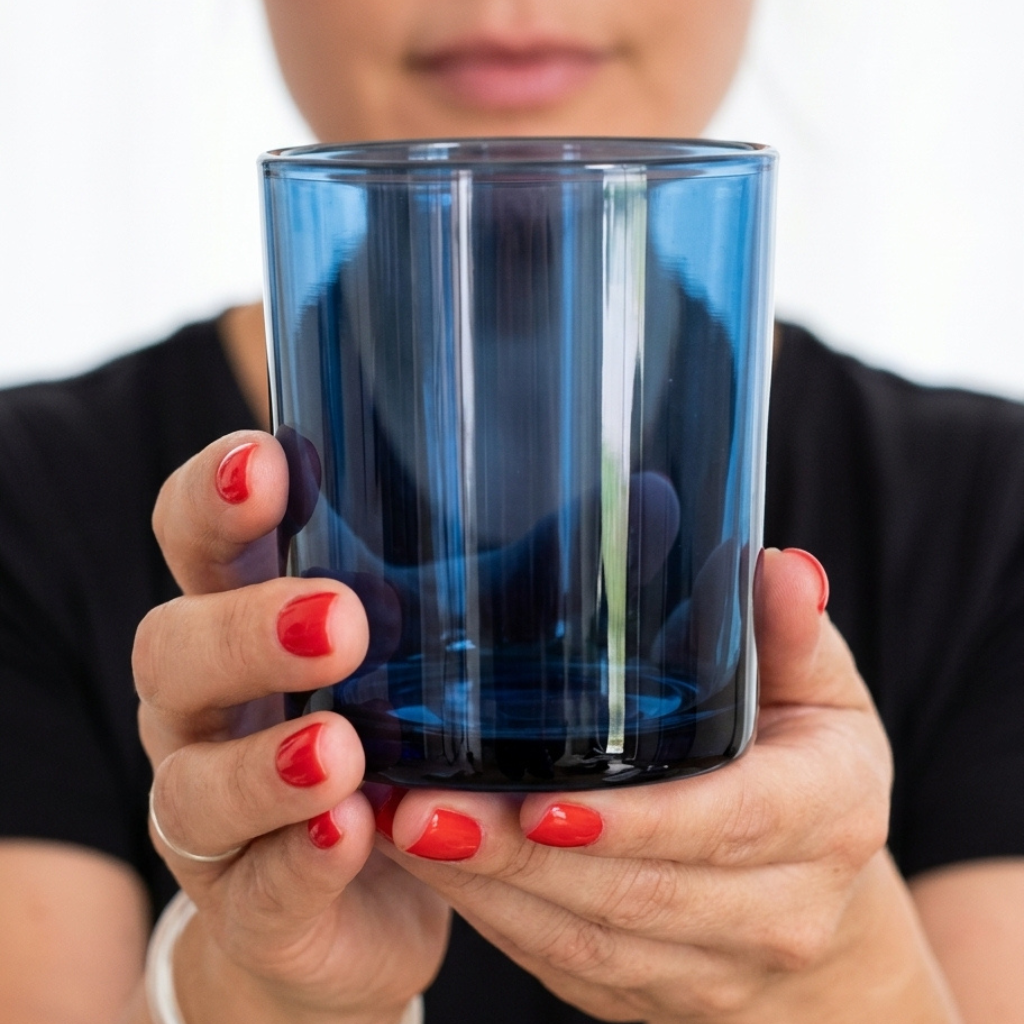 Hands holding a 10 oz translucent deep blue glass candle jar