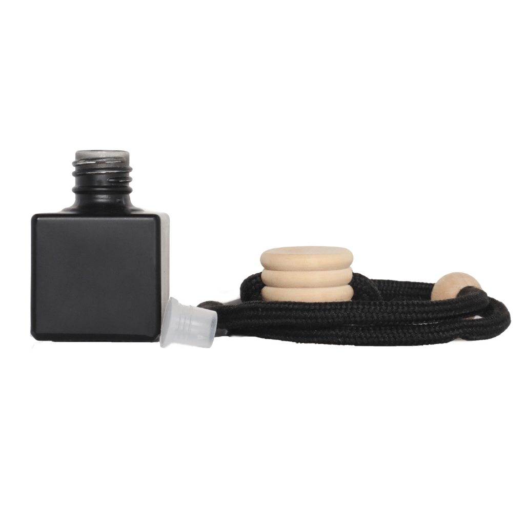 8ml black matte square glass hanging car air freshener diffuser bottle with black cord and wooden cap