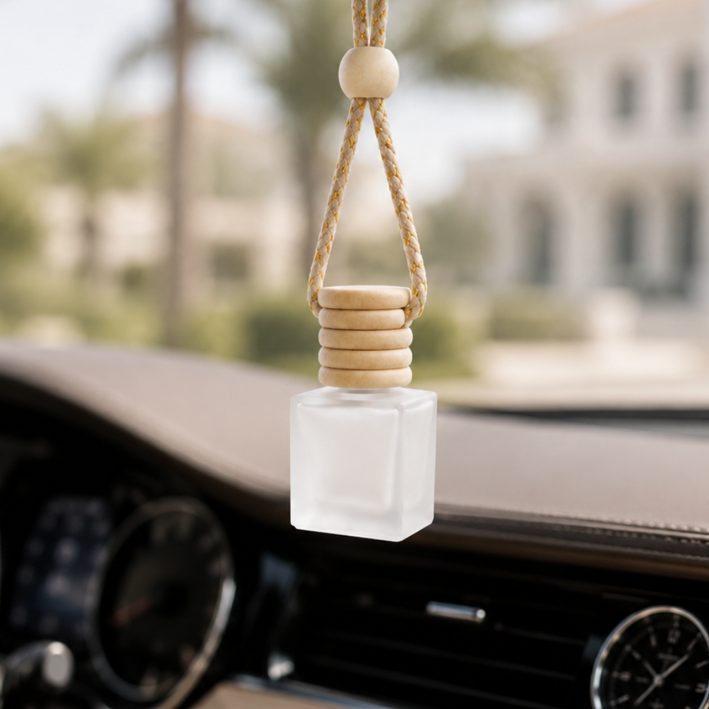 Frosted glass car diffuser bottle hanging from rearview mirror