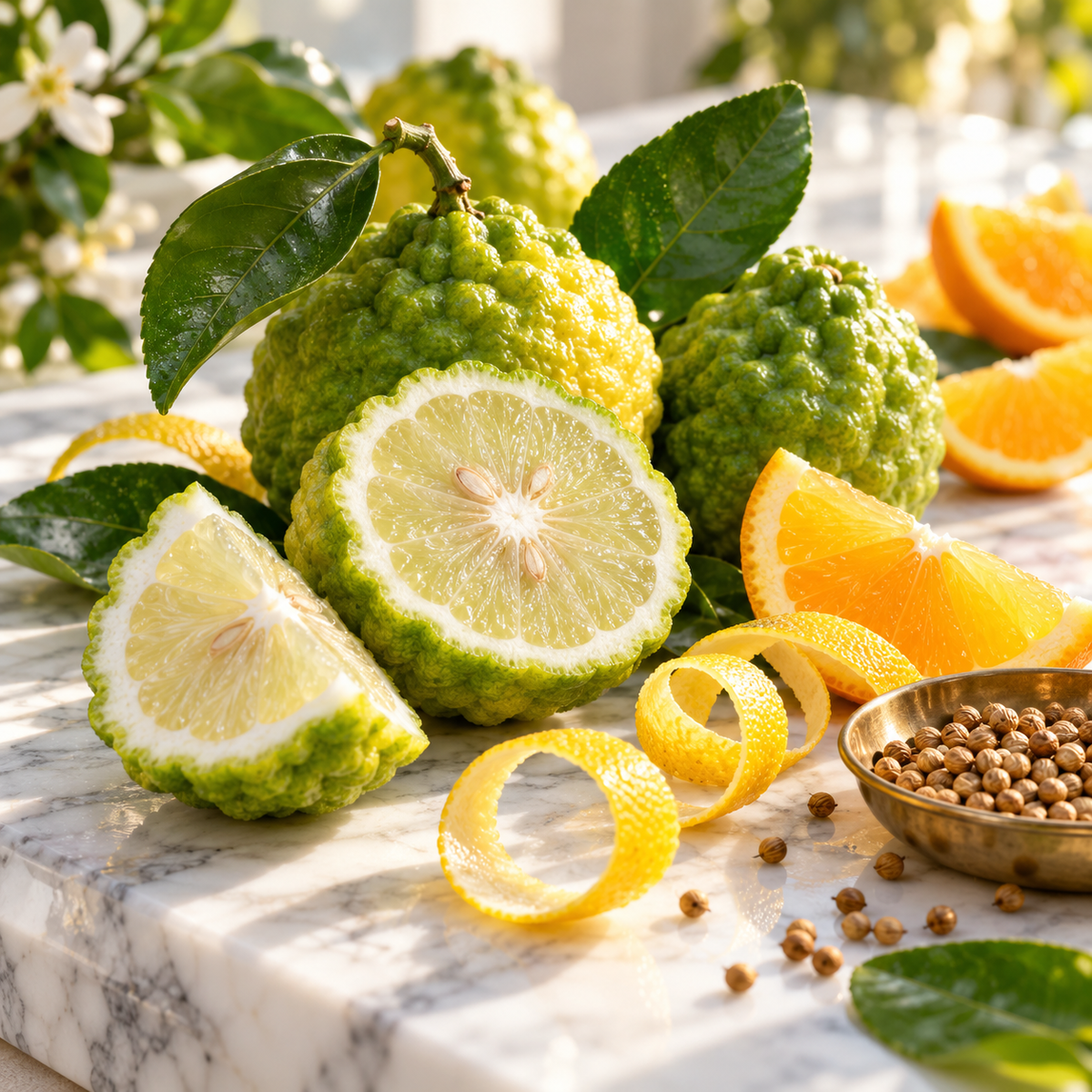 Bergamot fragrance oil with fresh bergamot fruit, orange slices, citrus leaves and coriander seeds