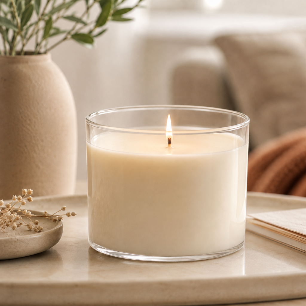 BoroLux petite glass candle jar with lit soy candle, styled on a stone tray
