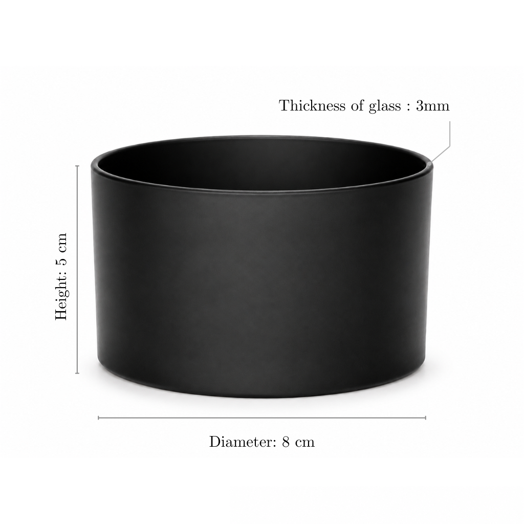 BoroLux glass candle jar dimensions, matte black, 8cm diameter x 5cm height, 3mm glass thickness