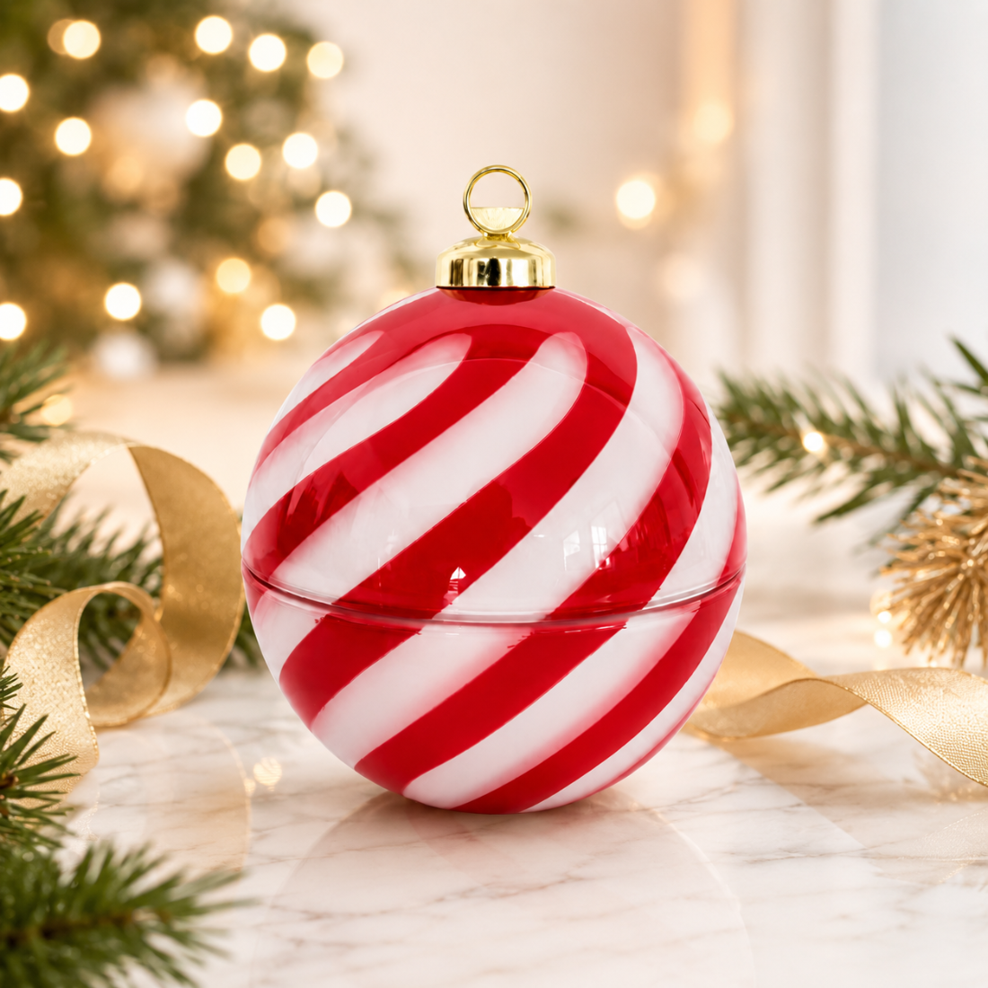 Red and white holiday ornament candle jar, glossy glass vessel for Christmas candle making and holiday collections.