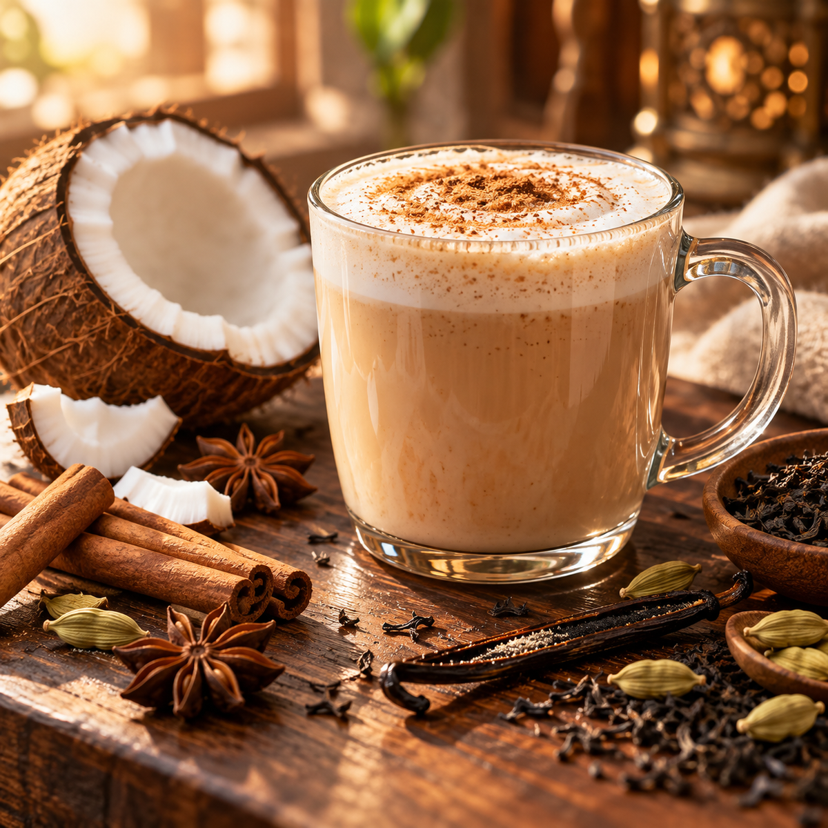Vanilla Chai Latte type fragrance oil with chai latte, cinnamon sticks, star anise, vanilla bean and black tea