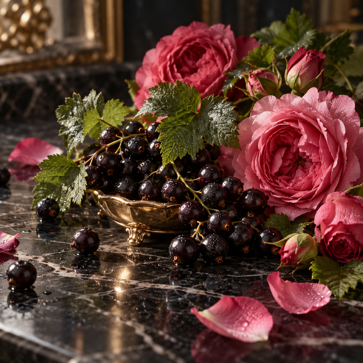 Baies type fragrance oil with blackcurrants, blackcurrant leaves and Bulgarian roses on black marble