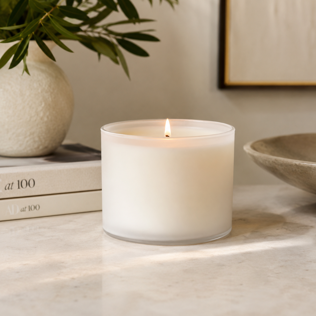 BoroLux frosted white candle jar with lit soy candle, styled with vase and books