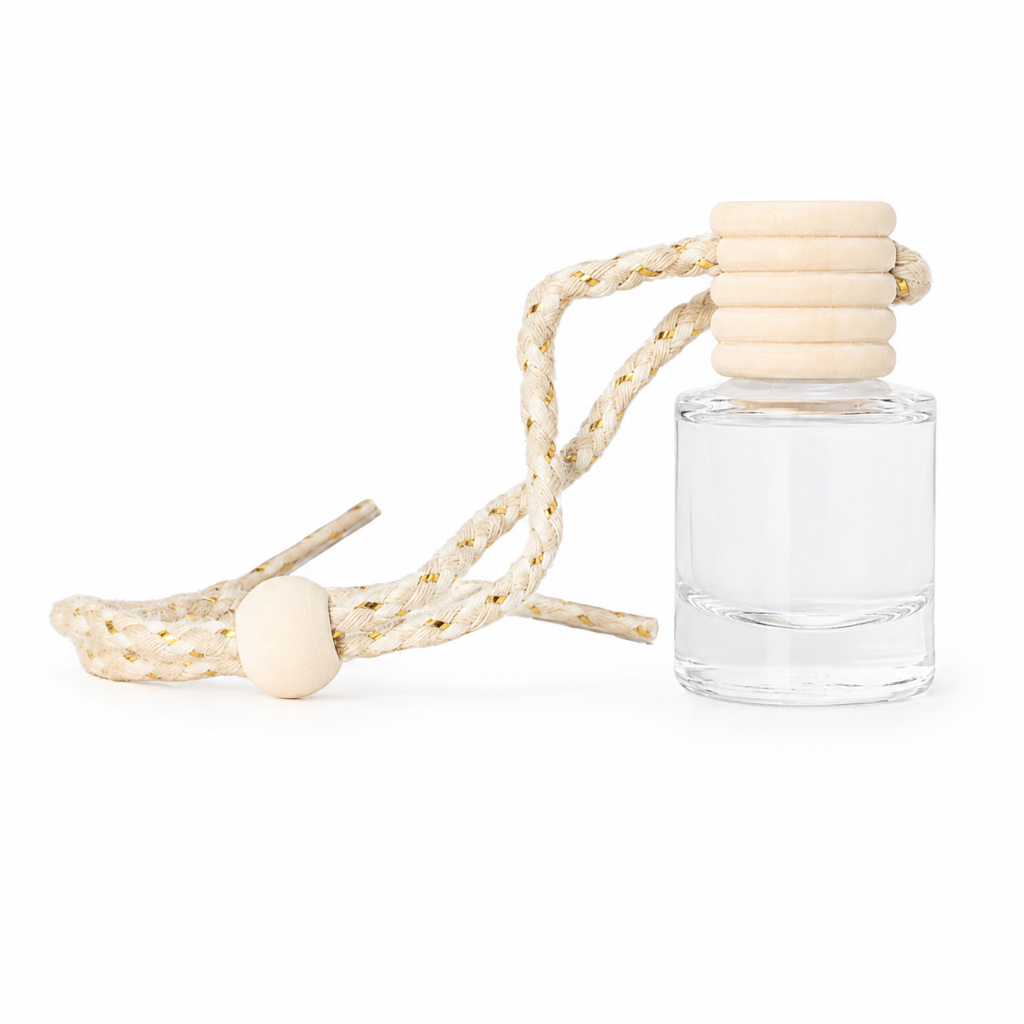 8ml clear glass car diffuser bottle with brown gold braided hanging string and wooden cap detail