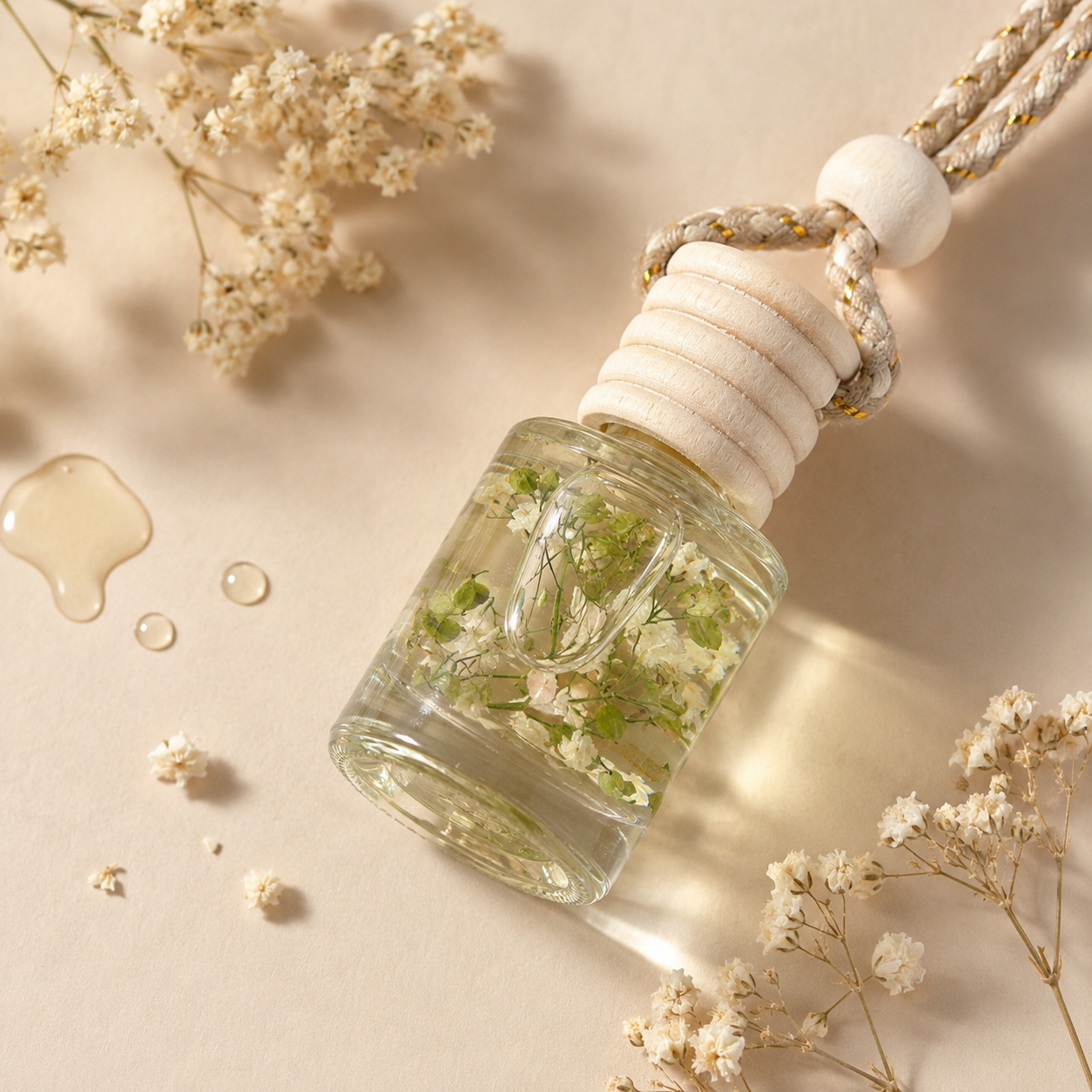 Clear glass hanging car diffuser bottle filled with essential oil and dried flowers with brown gold braided string