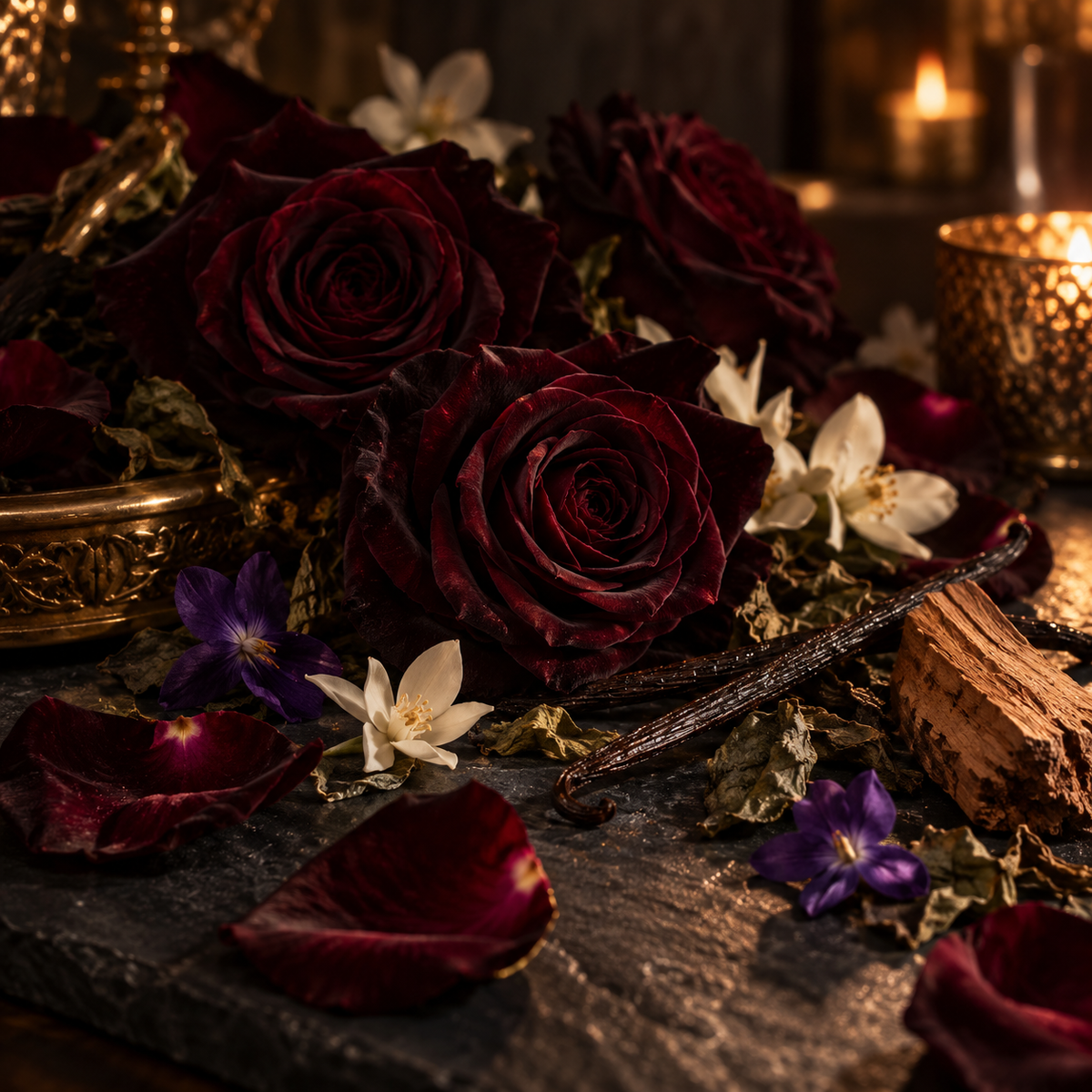 Dark Rose fragrance oil with deep burgundy roses, jasmine, violet, patchouli and vanilla beans
