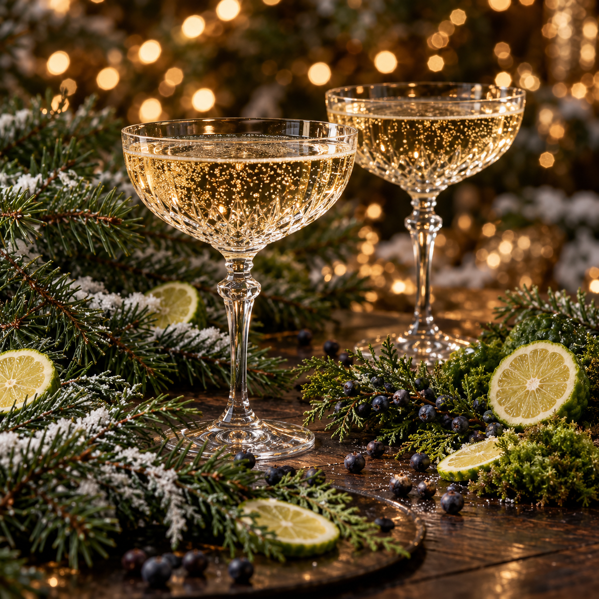 Northern Balsam fragrance oil with champagne glasses, snowy fir branches, juniper berries, bergamot and moss