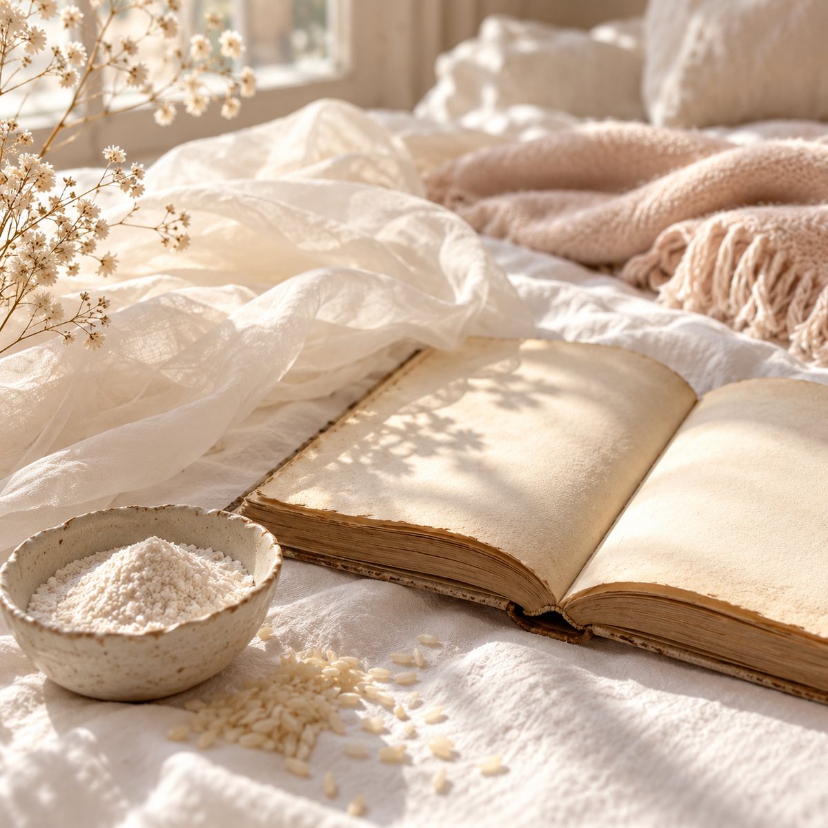 Parchment Skin fragrance oil with parchment pages, rice powder, white cotton linen and soft morning light