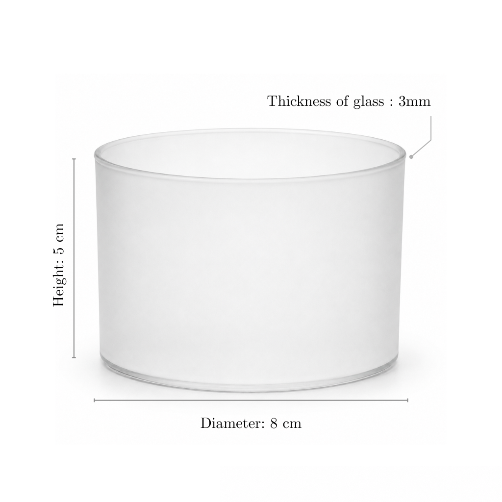 BoroLux glass candle jar dimensions, frosted white, 8cm diameter x 5cm height, 3mm glass thickness