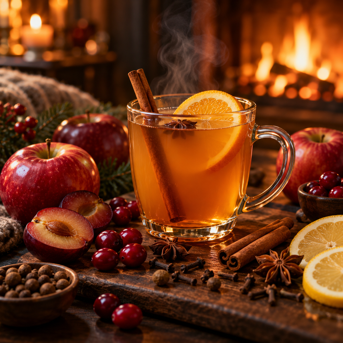 Spiced Apple Toddy type fragrance oil with apples, plums, cranberries, cinnamon sticks, orange and a warm toddy