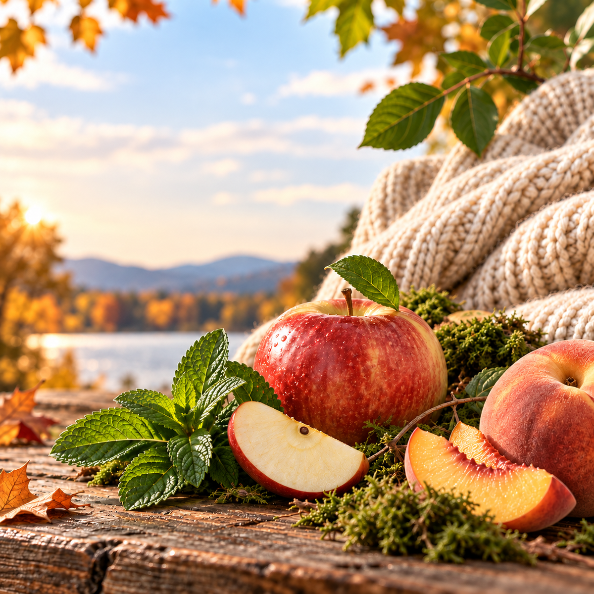 Sweater Weather fragrance oil for candle making with apple, peach, mint and moss in a cozy fall lifestyle scene.