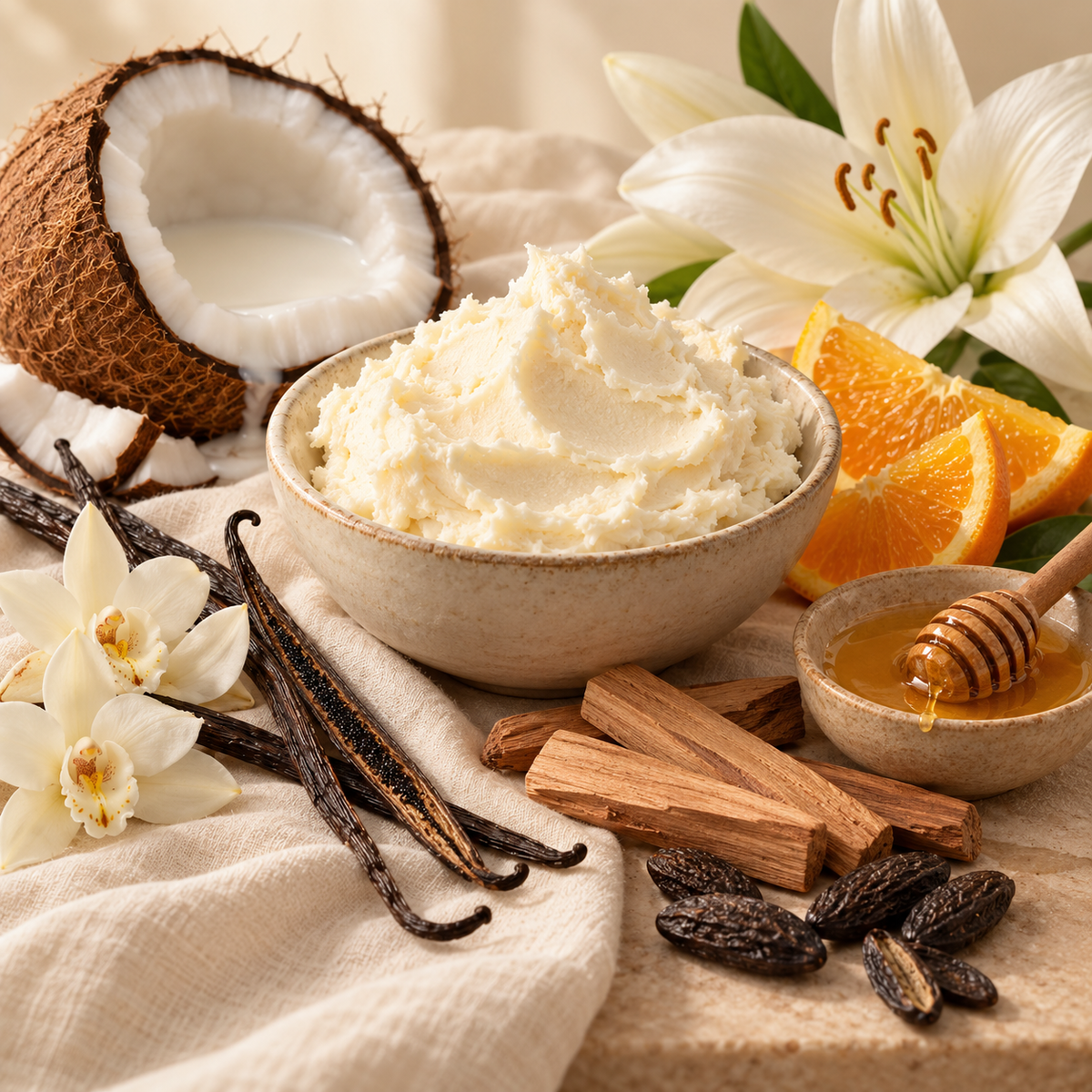 Vanilla Santal and Shea Cream fragrance oil with vanilla beans, sandalwood, whipped shea butter, coconut and orange slices