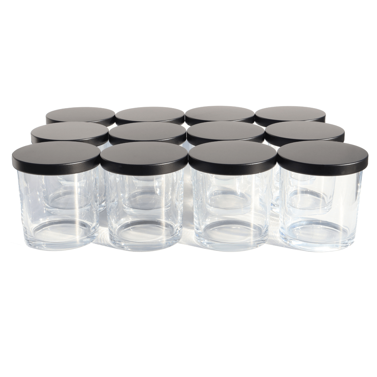 LuxyM candle supply- Clear candle jars with black lids