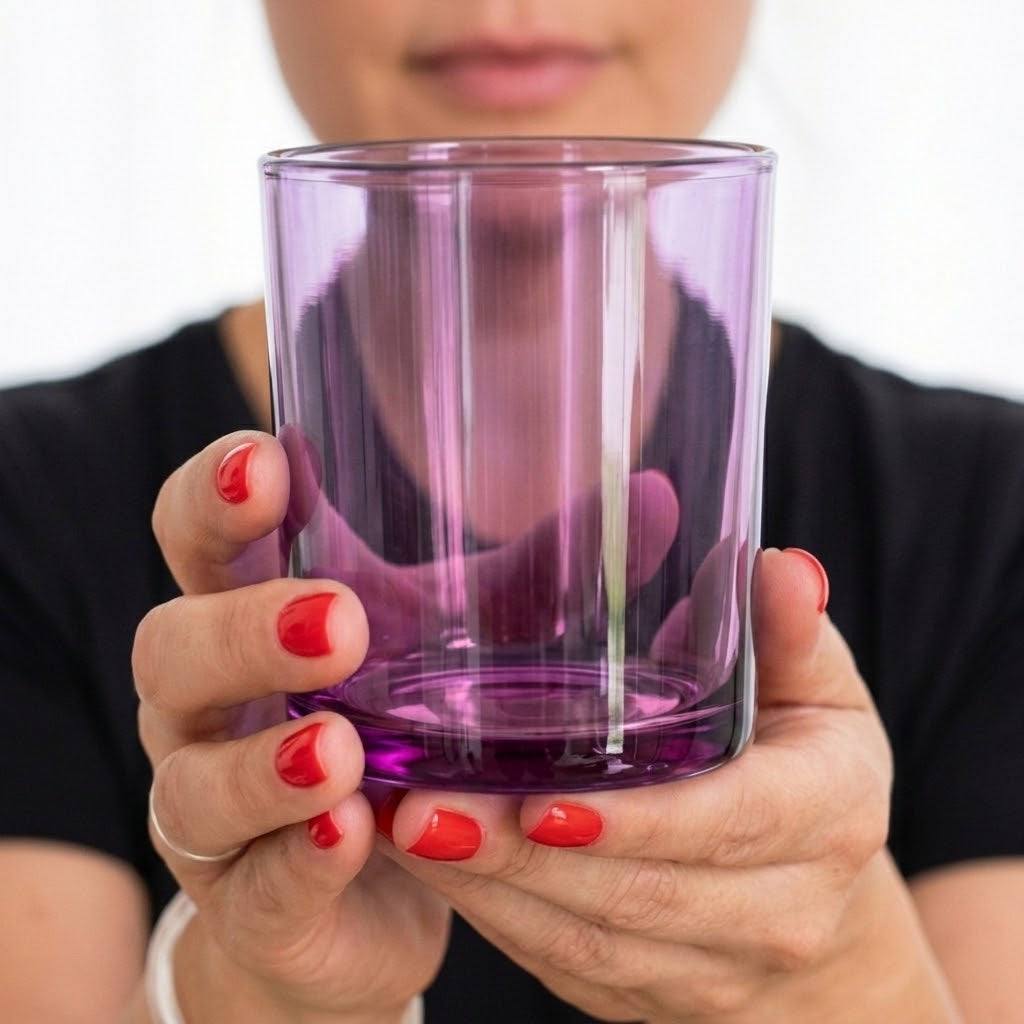 Hands holding a 10 oz translucent lilac purple glass candle jar