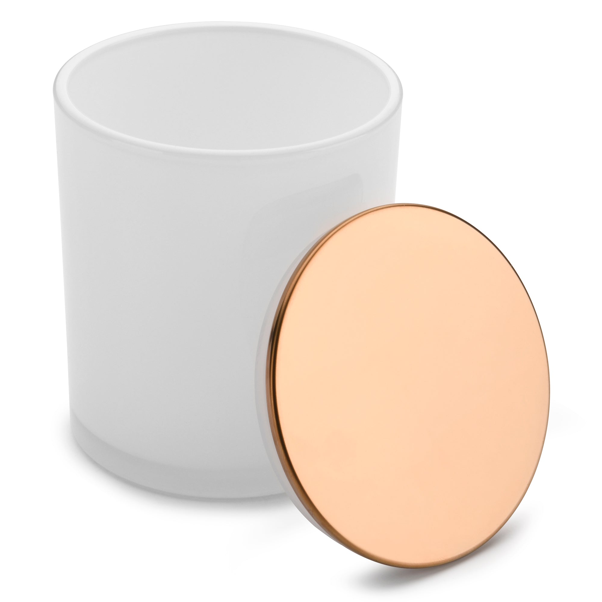 15oz glossy white candle jars with luxury rose-gold lids- LuxyM candle supplier