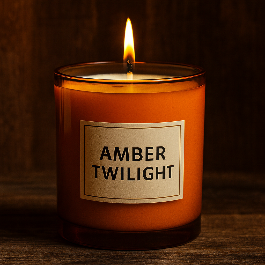 Amber Twilight fragrance oil candle glowing in amber jar. Luxury fragrance oils in Canada for candles and home fragrance blends