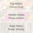 Amber Twilight fragrance oil scent notes – citrus fruit top, floral and amber middle, musk and woody base. Premium fragrance oils in Canada for candles, wax melts, and home fragrance.