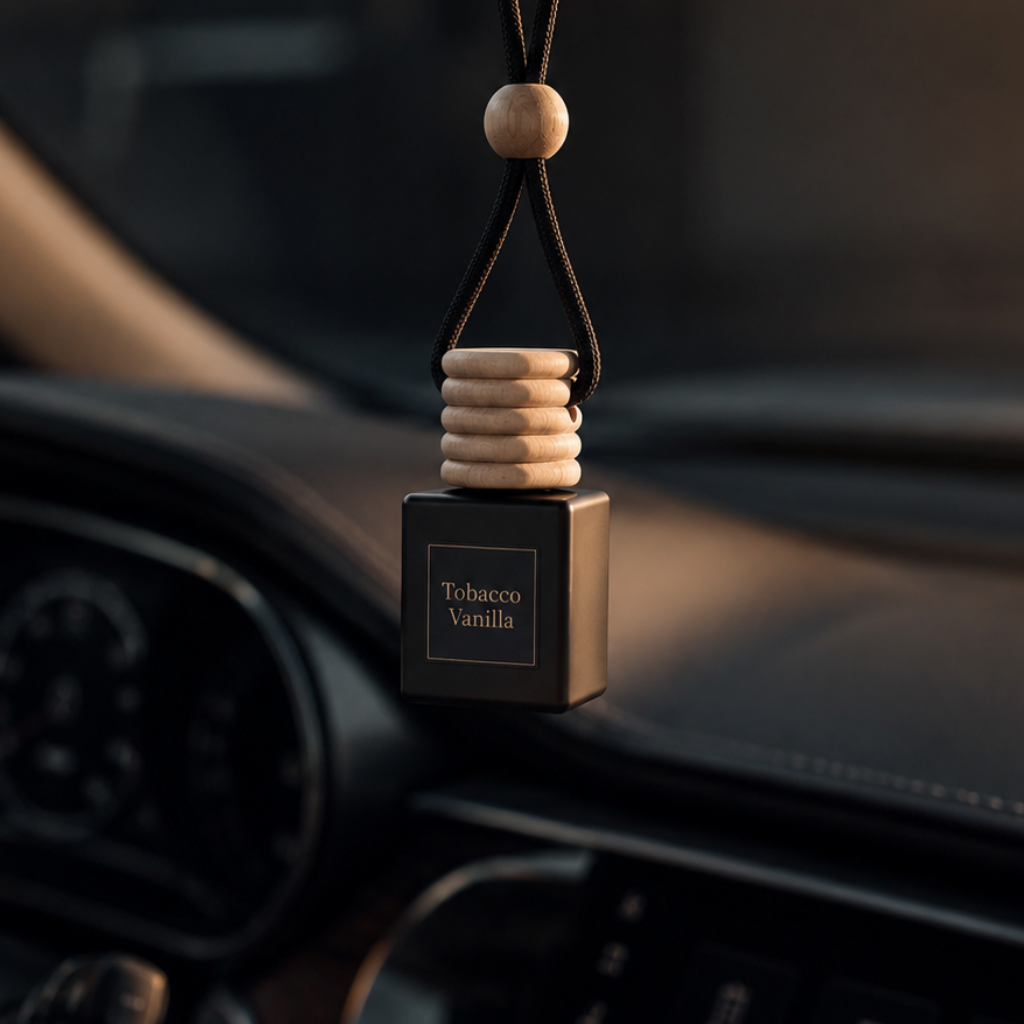 Black matte hanging car air freshener diffuser bottle 8ml with black cord and wooden cap