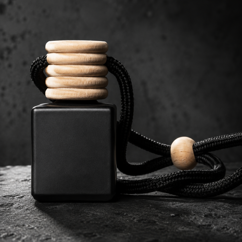 8ml black matte square glass hanging car air freshener diffuser bottle with black cord on dark concrete surface