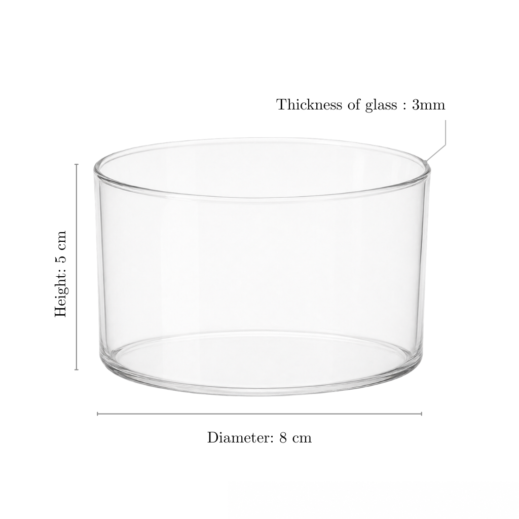 BoroLux glass candle jar dimensions, 8cm diameter x 5cm height, 3mm glass thickness