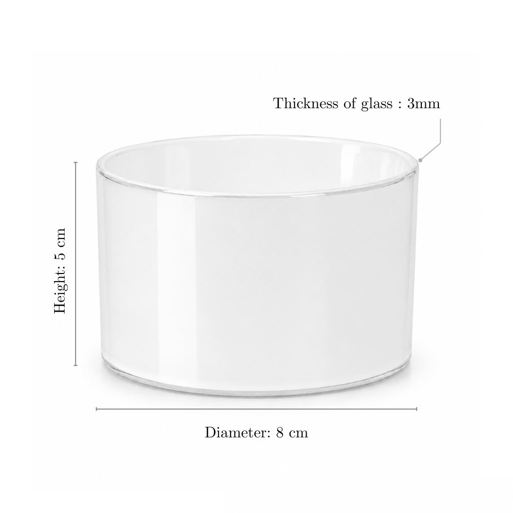 BoroLux glass candle jar dimensions, white interior coating, 8cm diameter x 5cm height, 3mm glass thickness
