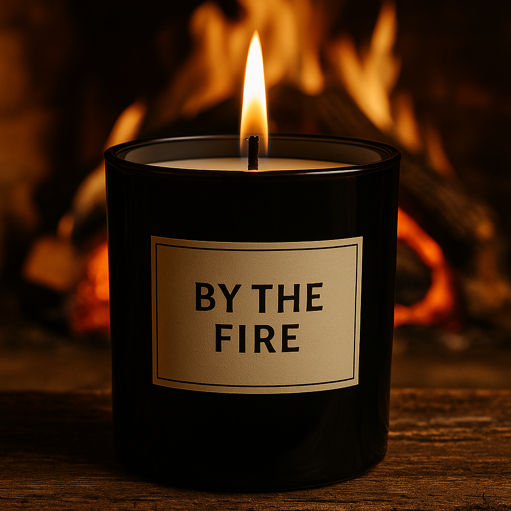 By The Fire fragrance oil with spice, wood, and cashmere notes displayed in scented candle. Supplier of fragrance oils in Canada for candles, wax melts, and soap making.