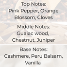 By The Fire fragrance oil scent notes – pink pepper, orange blossom, cloves top; guaiac wood, chestnut, juniper middle; cashmere, Peru balsam, vanilla base. Premium fragrance oils in Canada for candles and wax melts.