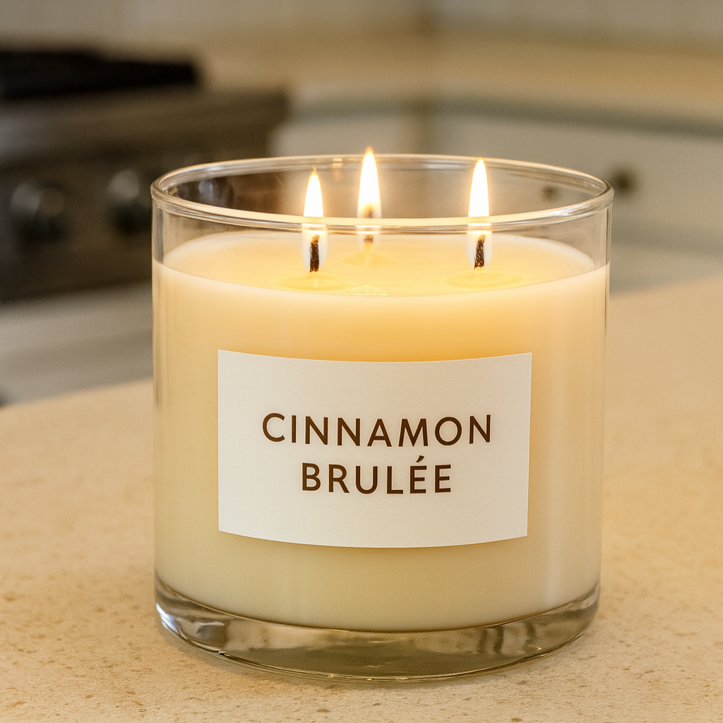 Cinnamon Brûlée fragrance oil candle with triple flame glow in a kitchen setting. Warm bakery-inspired fragrance oils in Canada for candles and home scenting