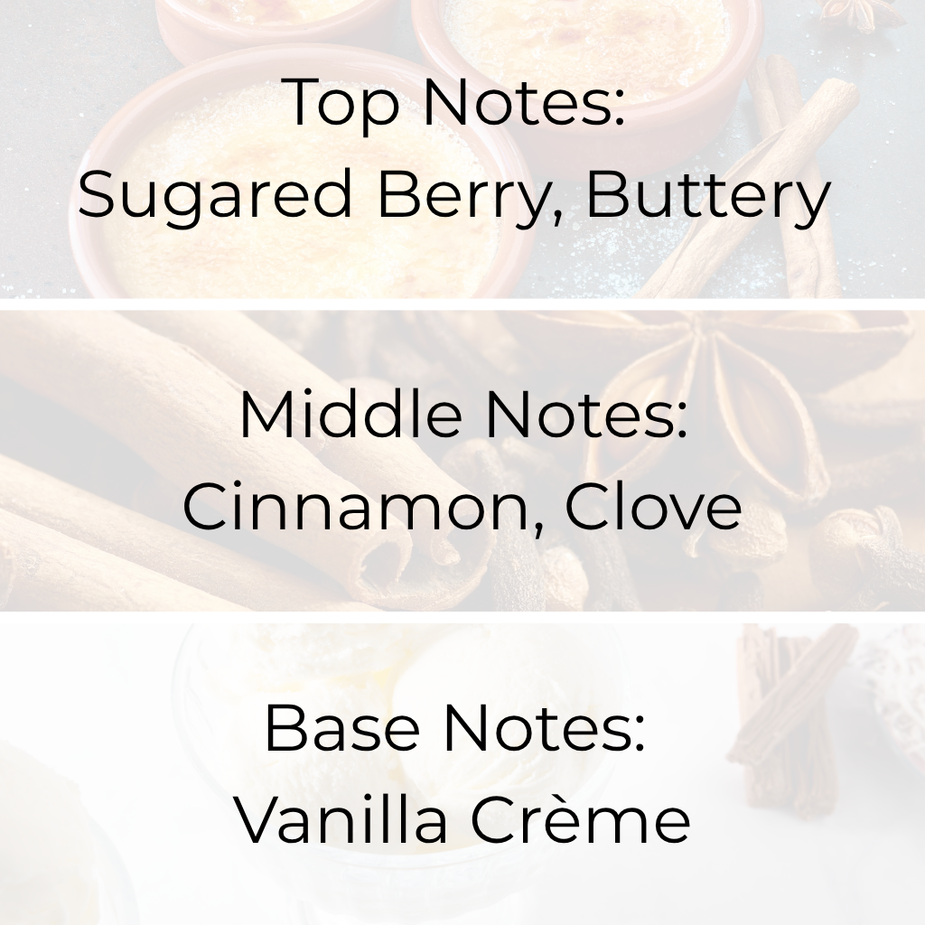 Cinnamon Brûlée fragrance oil scent notes – sugared berry, buttery top; cinnamon, clove middle; vanilla crème base. Premium gourmand fragrance oils in Canada for candles and wax melts.