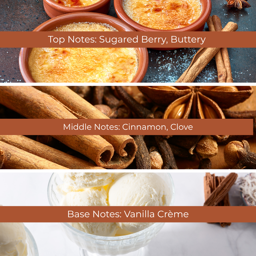 Cinnamon Brûlée fragrance oil with fragrance pyramid showing sugared berry, buttery, cinnamon, clove, and vanilla crème notes. High-quality fragrance oils sold in Canada for candle making and home fragrance.