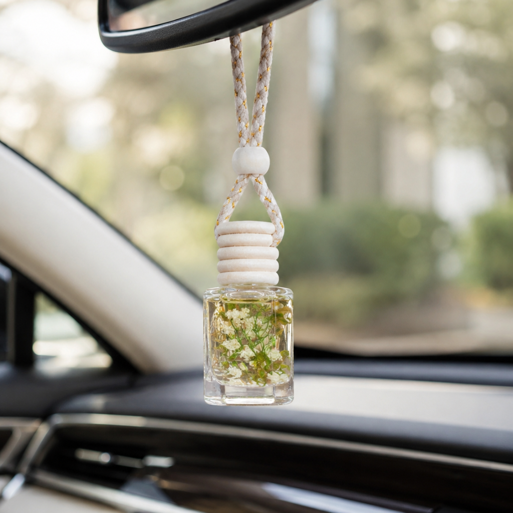 Clear glass hanging car diffuser bottle with essential oil and dried flowers hanging from rearview mirror