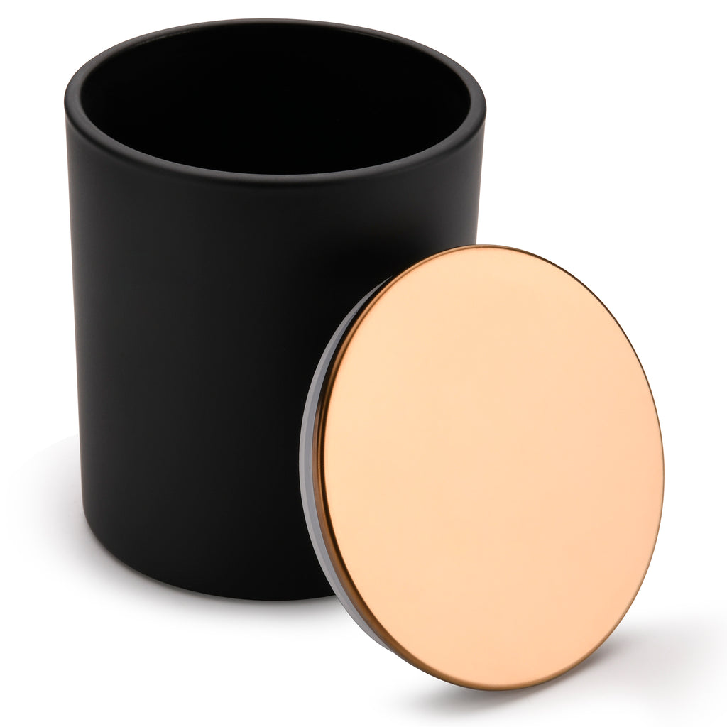10 oz black matte candle jars with luxury rose-gold lids - LuxyM candle supplier