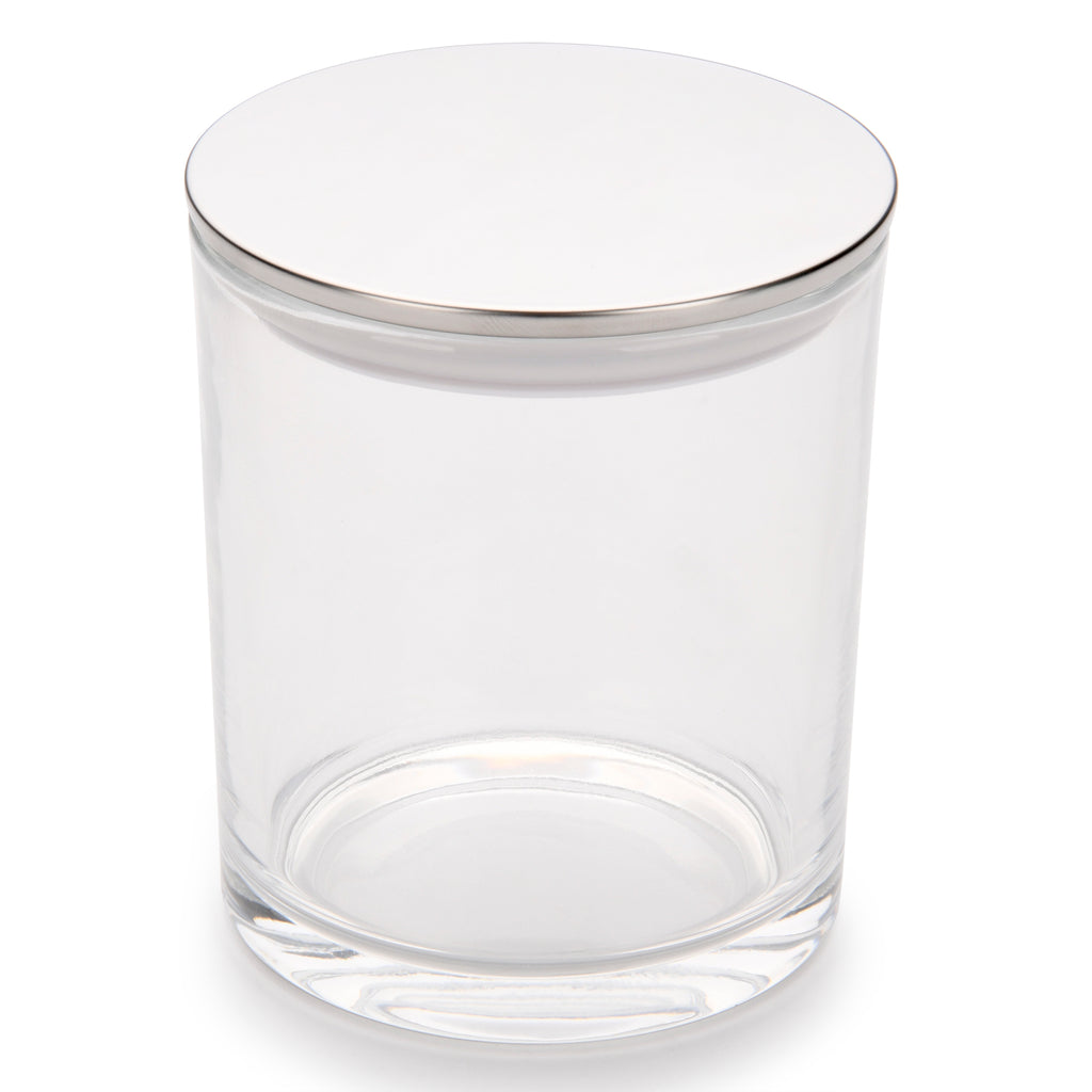 15.5 oz clear glass candle making vessels with luxury silver lids- LuxyM candle supplier