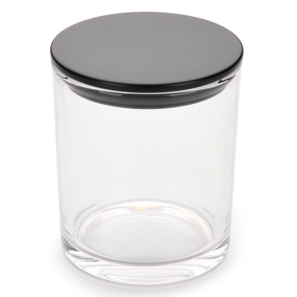 15.5 oz clear glass candle making vessels with luxury black lids- LuxyM candle supplier 