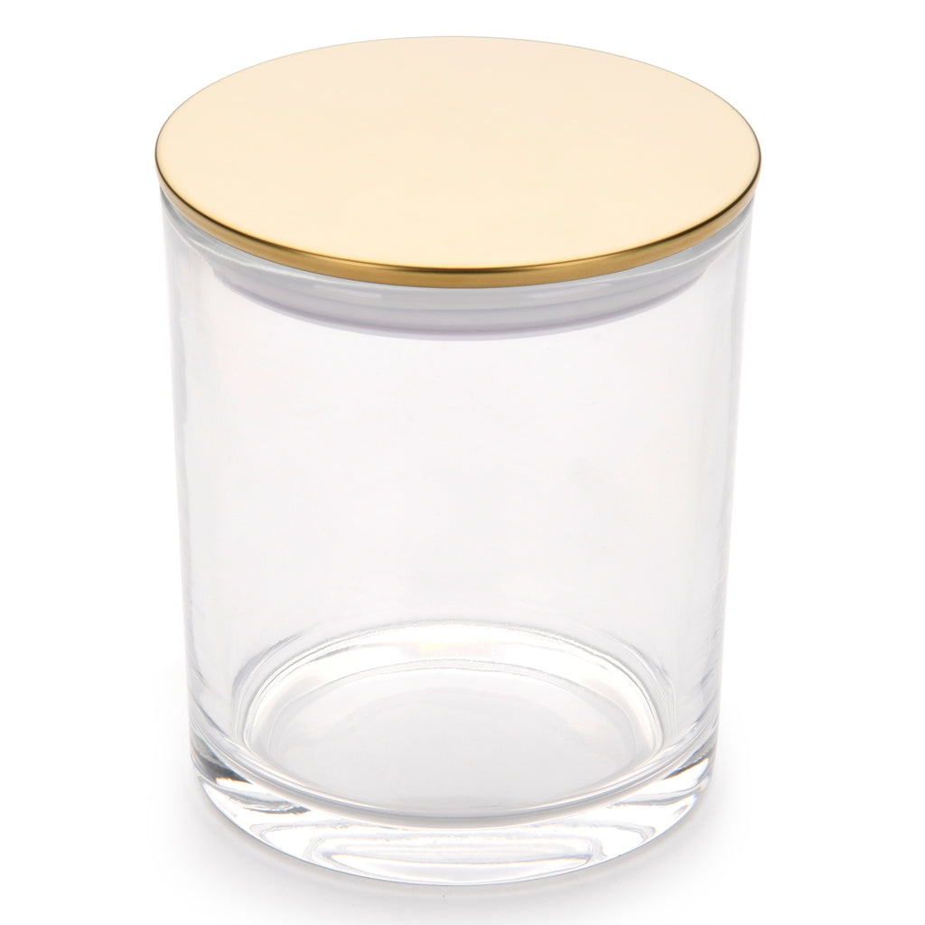 15.5 oz clear glass candle making vessels with luxury gold lids- LuxyM candle supplier