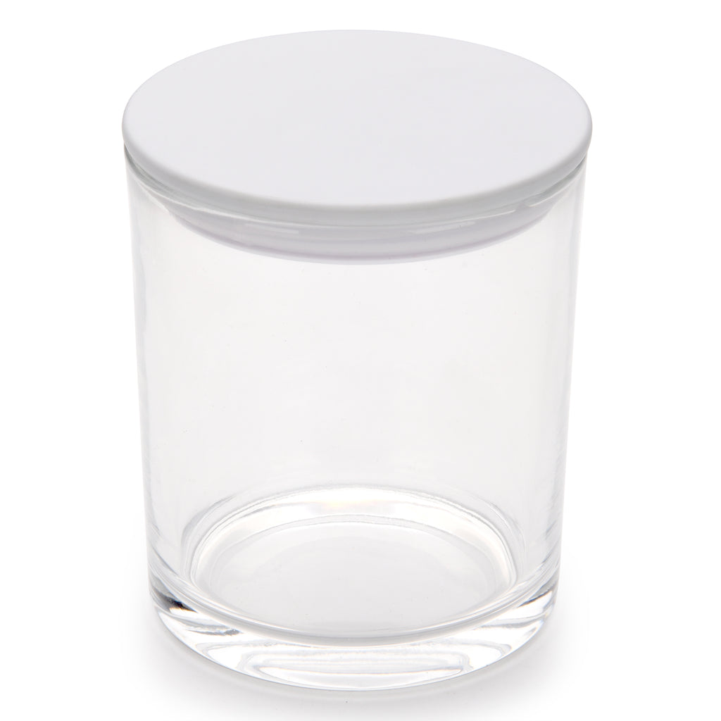 15.5 oz clear glass candle making vessels with luxury white matte lids- LuxyM candle supplier 