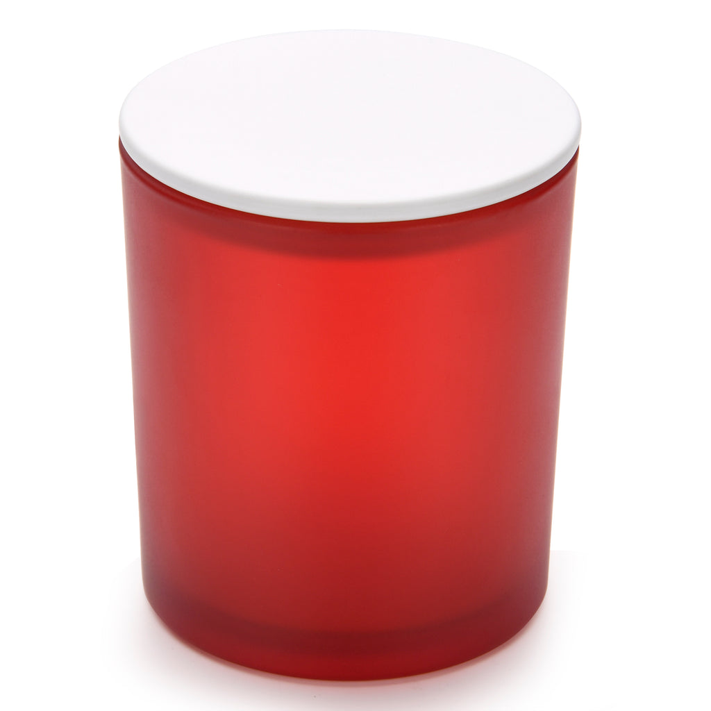 10 Oz Frosted red candle jars with luxury white matte lids - LuxyM Candle Supplies