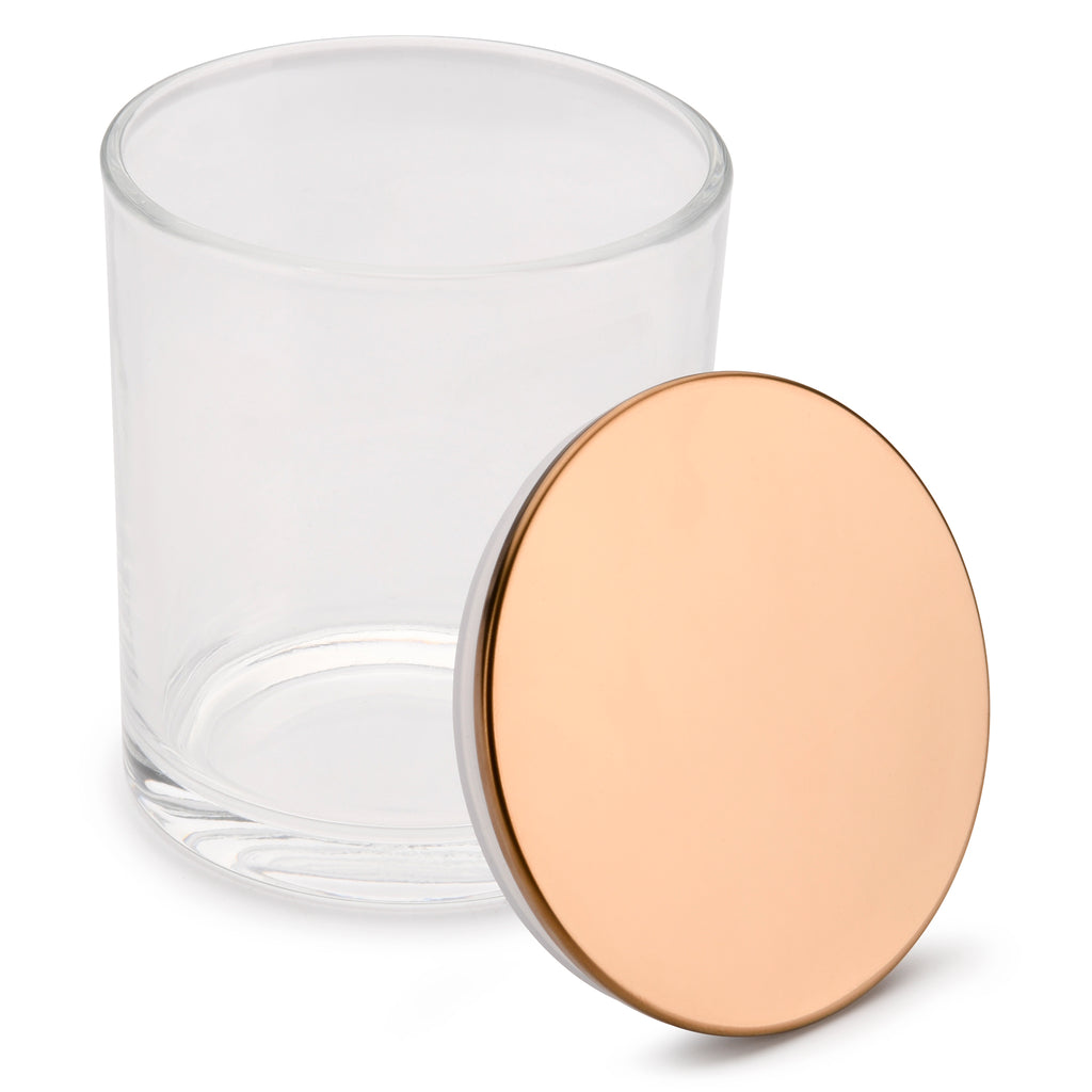 15.5 oz clear glass candle making vessels with luxury rose-gold lids- LuxyM candle supplier