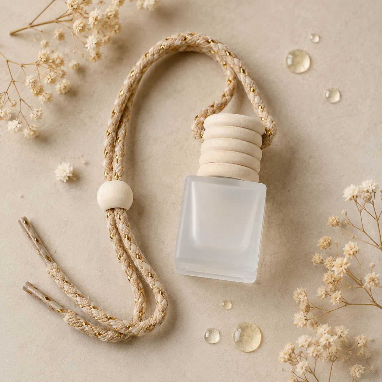 Empty glass car diffuser bottle with cork stopper and braided string