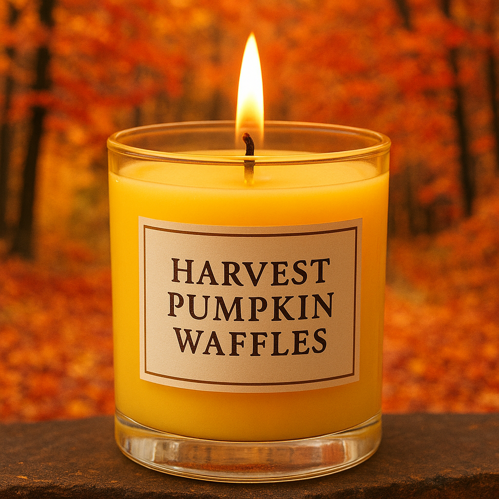 Harvest Pumpkin Waffles fragrance oil candle glowing with warm autumn background. Seasonal bakery-inspired fragrance oil sold in Canada for candle making and home fragrance.