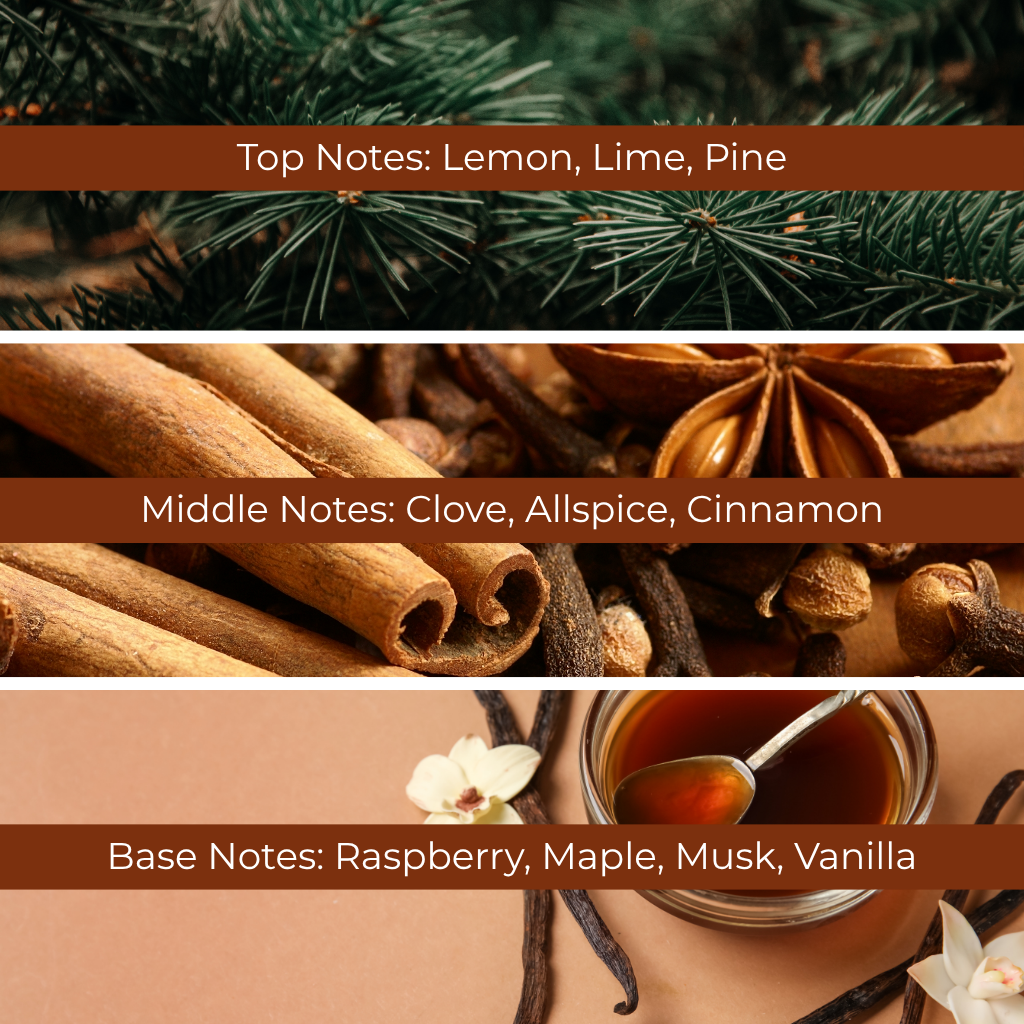 Holiday Hearthside fragrance oil scent notes – top notes lemon, lime, pine, middle notes clove, allspice, cinnamon, and base notes raspberry, maple, musk, vanilla. Premium fragrance oil sold in Canada for candle making and holiday blends.