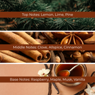Holiday Hearthside fragrance oil scent notes – top notes lemon, lime, pine, middle notes clove, allspice, cinnamon, and base notes raspberry, maple, musk, vanilla. Premium fragrance oil sold in Canada for candle making and holiday blends.