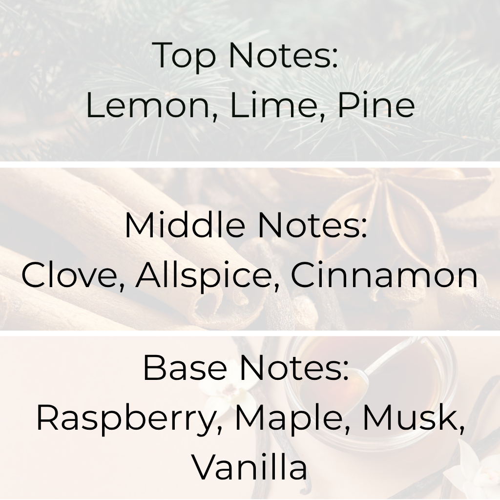 Holiday Hearthside fragrance oil with fragrance pyramid – citrus lemon and lime, pine top notes, spiced clove, allspice, cinnamon middle, and warm raspberry, maple, musk, vanilla base. High-quality fragrance oils in Canada for candles and wax melts