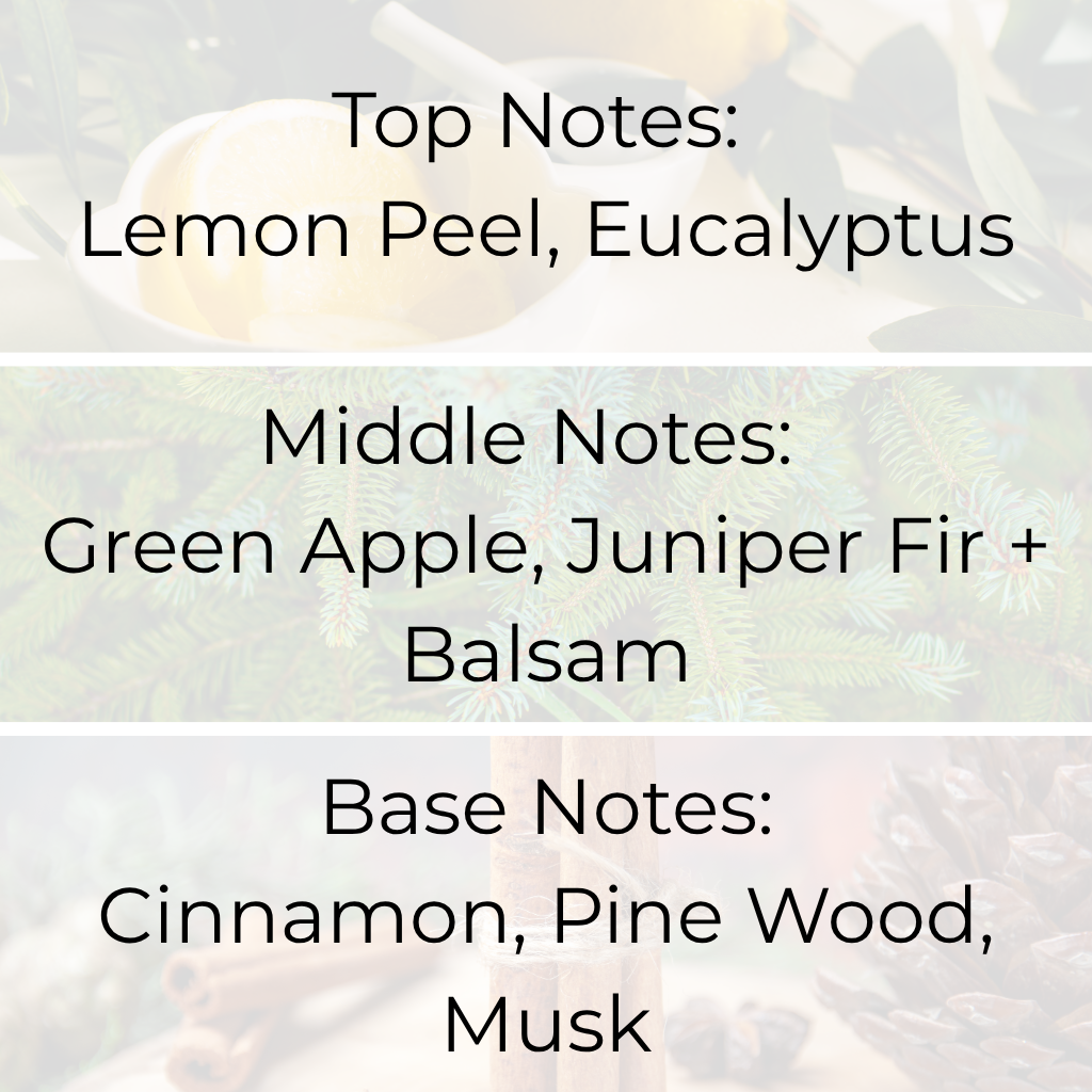 Juniper Spruce and Balsam fragrance oil with scent pyramid – citrus lemon peel, eucalyptus, crisp green apple, juniper fir, balsam, cinnamon, pine wood, and musk. High-quality fragrance oil in Canada for candle making and holiday blends.