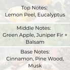 Juniper Spruce and Balsam fragrance oil with scent pyramid – citrus lemon peel, eucalyptus, crisp green apple, juniper fir, balsam, cinnamon, pine wood, and musk. High-quality fragrance oil in Canada for candle making and holiday blends.