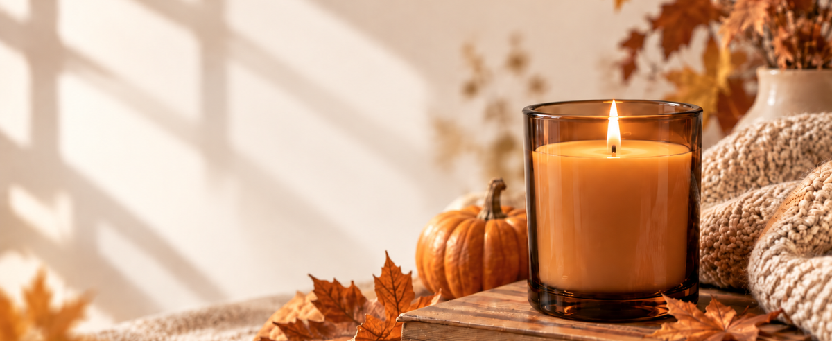 A lit amber glass candle jar sits on a wooden surface surrounded by autumn leaves, a small pumpkin, and a knitted blanket in warm sunlight.